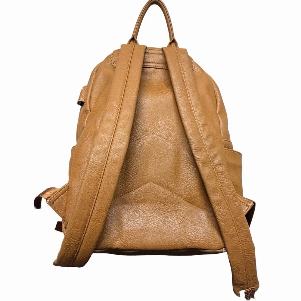 Miss Fong Brown Faux Leather Backpack Diaper Bag Multi Pocket Striped Lining